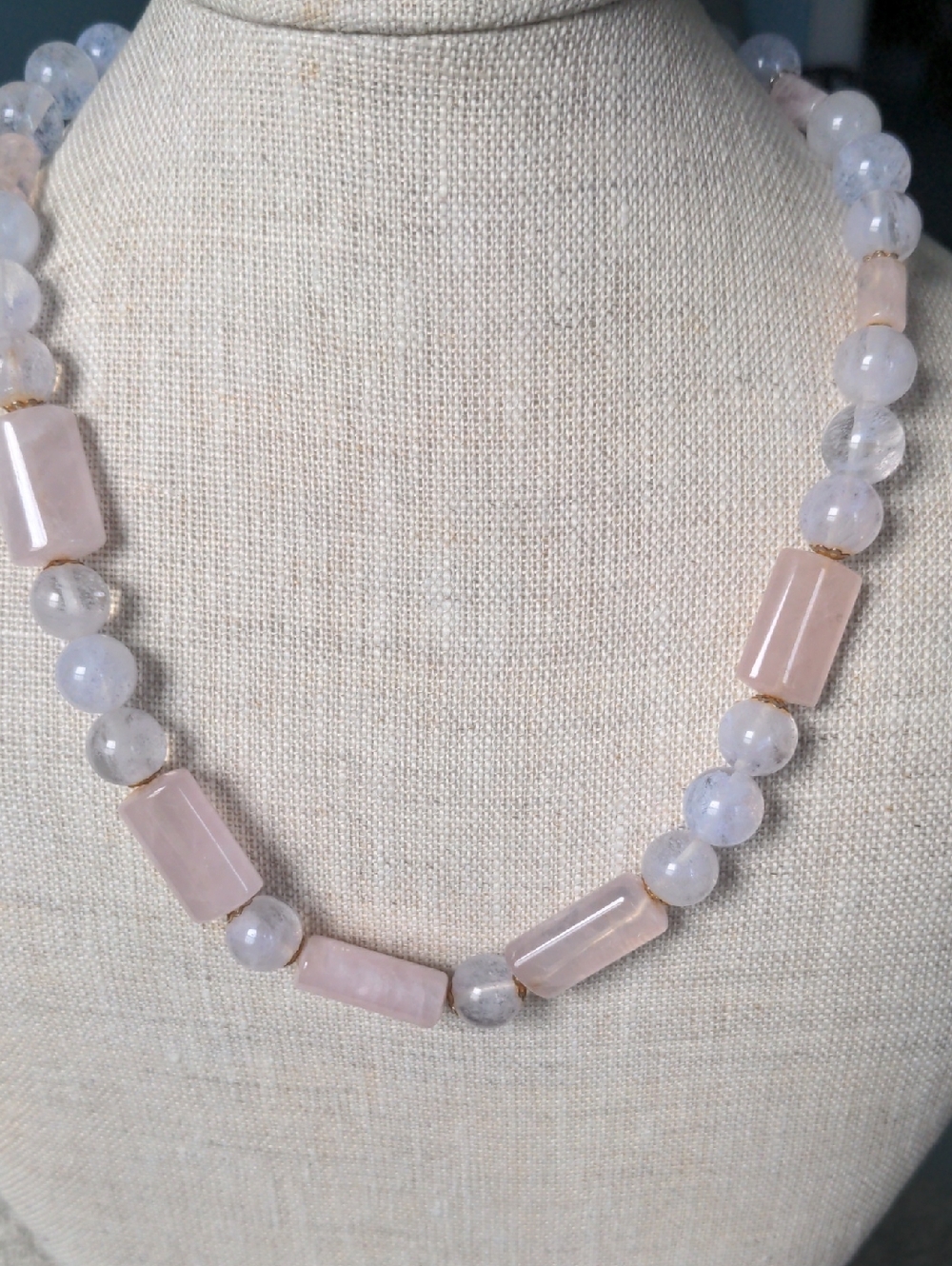 New Rose Quartz Beaded Necklace , Pastel- Pink, Dreamy  Quartz, Silver, 20"